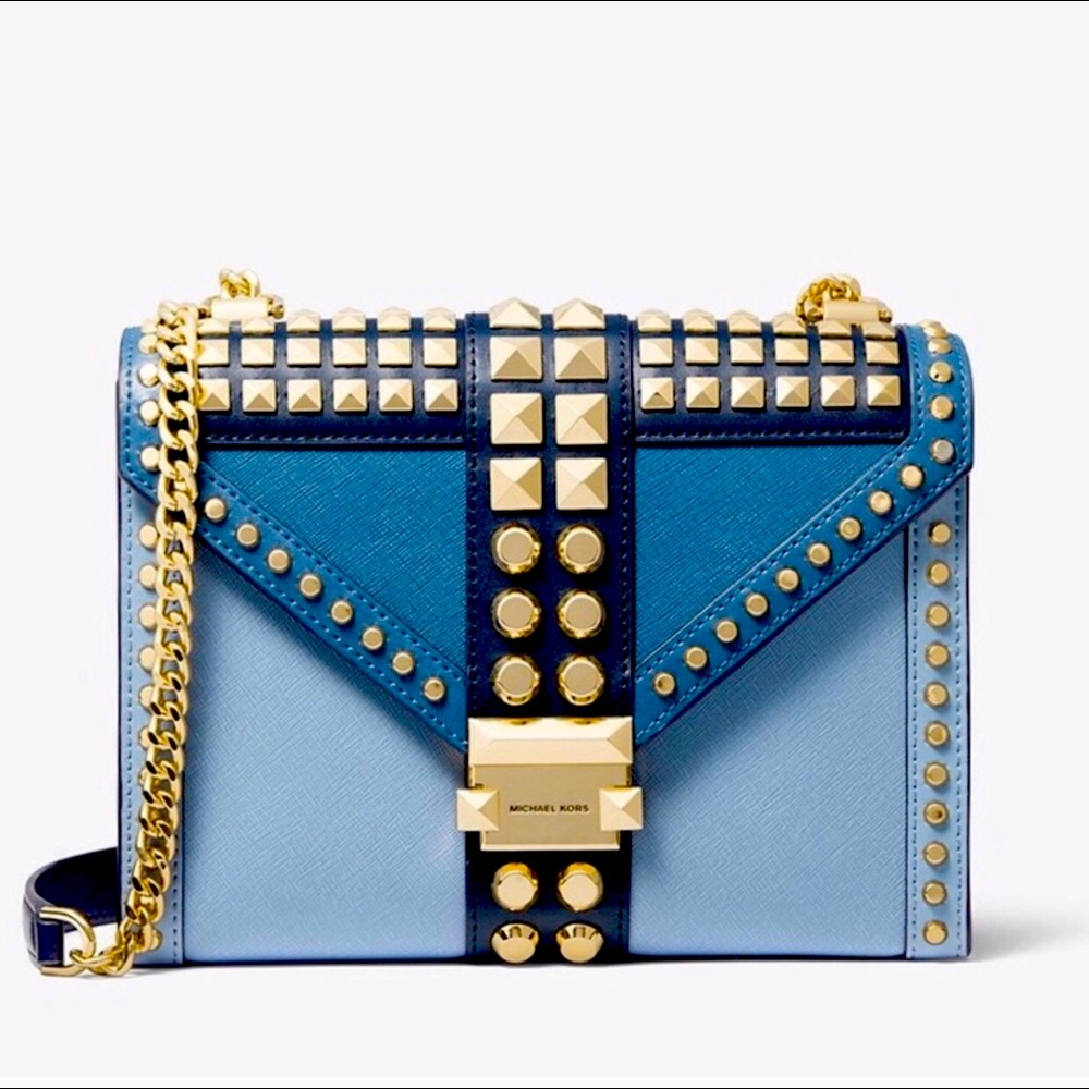 Blue Large Studded Saffiano Leather Shoulder Bag